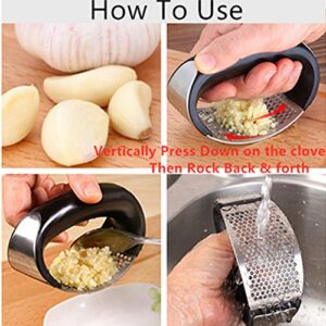 Garlic Press Rocker Silicon Garlic Peeler Stainless Steel Garlic Mincer Clove Crusher Masher Mincing Tool Innovative NEW Kitchen Gadget (silver black color)