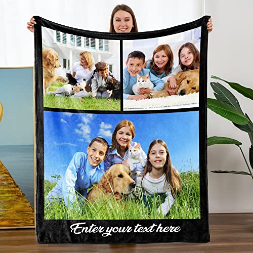 Mothers Day Birthday Gifts for Mom, Custom Blanket with Photo Text for Mom Dad Daughter Son, Personalized Blankets with Picture Soft Flannel Bed Blanket (3 Photo, 40"×30")