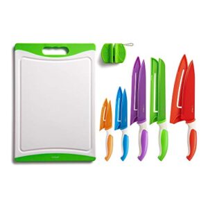 eatneat 12-piece colorful kitchen knife set - 5 colored stainless steel knives with sheaths, cutting board, and a sharpener - razor sharp cutting tools that are kitchen essentials for new home