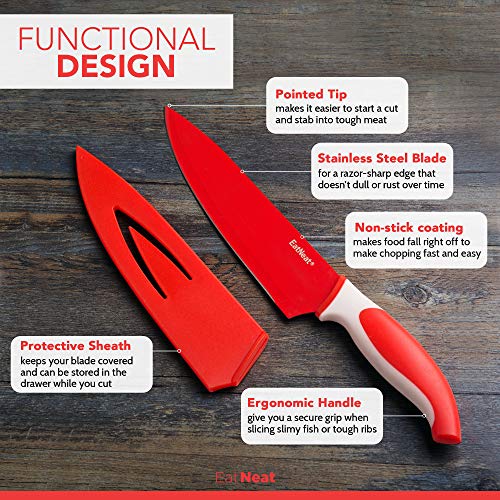 EatNeat 12-Piece Colorful Kitchen Knife Set - 5 Colored Stainless Steel Knives with Sheaths, Cutting Board, and a Sharpener - Razor Sharp Cutting Tools that are Kitchen Essentials for New Home