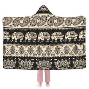ethnic elephant paisley flannel wearable blanket hoodie-plush warm blanket fleece blankets for bed couch hooded blanket for kids adults travel throw blankets gift