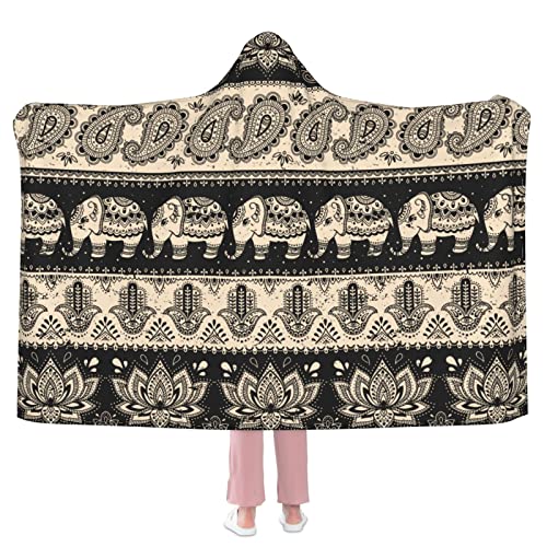 Ethnic Elephant Paisley Flannel Wearable Blanket Hoodie-Plush Warm Blanket Fleece Blankets For Bed Couch Hooded Blanket For Kids Adults Travel Throw Blankets Gift