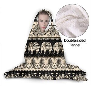 Ethnic Elephant Paisley Flannel Wearable Blanket Hoodie-Plush Warm Blanket Fleece Blankets For Bed Couch Hooded Blanket For Kids Adults Travel Throw Blankets Gift