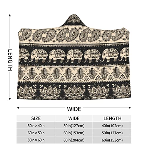 Ethnic Elephant Paisley Flannel Wearable Blanket Hoodie-Plush Warm Blanket Fleece Blankets For Bed Couch Hooded Blanket For Kids Adults Travel Throw Blankets Gift