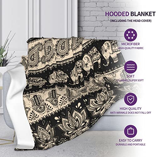 Ethnic Elephant Paisley Flannel Wearable Blanket Hoodie-Plush Warm Blanket Fleece Blankets For Bed Couch Hooded Blanket For Kids Adults Travel Throw Blankets Gift