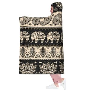 Ethnic Elephant Paisley Flannel Wearable Blanket Hoodie-Plush Warm Blanket Fleece Blankets For Bed Couch Hooded Blanket For Kids Adults Travel Throw Blankets Gift