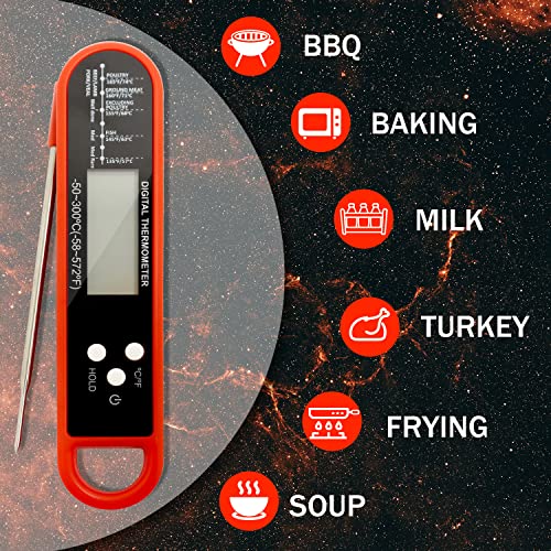 GR Smith - Digital Meat Thermometer - Fast & Precise Food Thermometer with Magnet - Foldable Probe - Grill & Cooking - Outdoor Camping & Kitchen Accessories - Water Resistant - Red