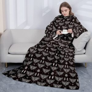 Death Moth Fleece Wearable Blanket with Sleeves Pocket, Skull Decor Warm Soft and Cozy Functional Blankets, Halloween Decorations Gifts for Women Girlfriend Mom Wife and Daughter, 50"x50"