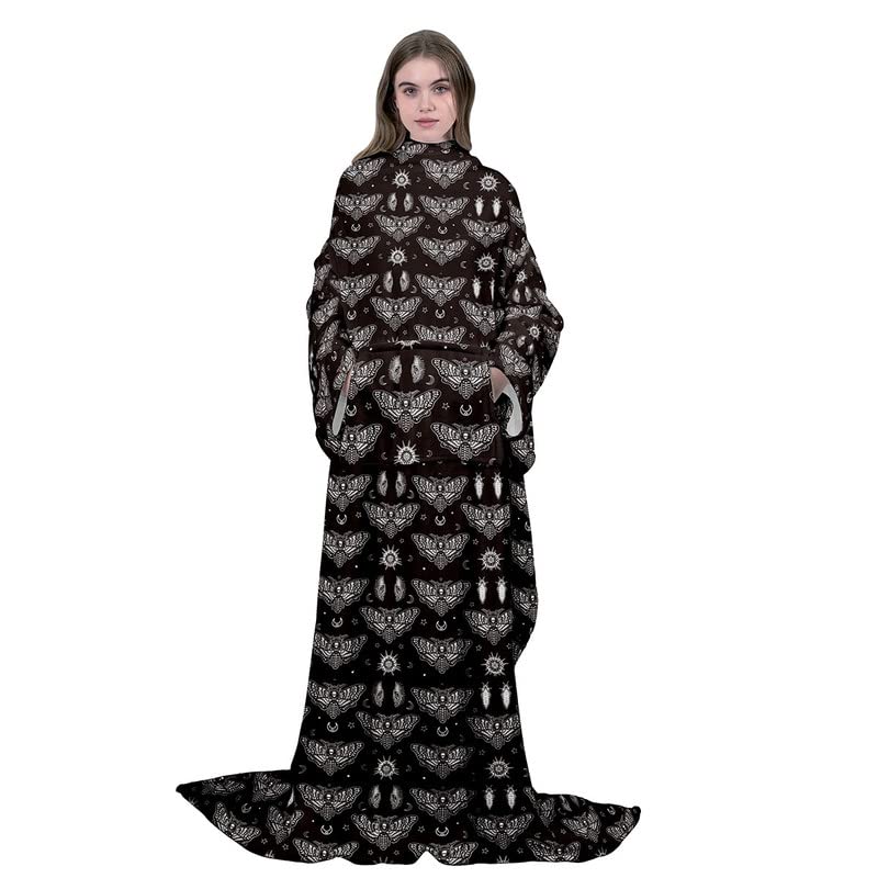 Death Moth Fleece Wearable Blanket with Sleeves Pocket, Skull Decor Warm Soft and Cozy Functional Blankets, Halloween Decorations Gifts for Women Girlfriend Mom Wife and Daughter, 50"x50"