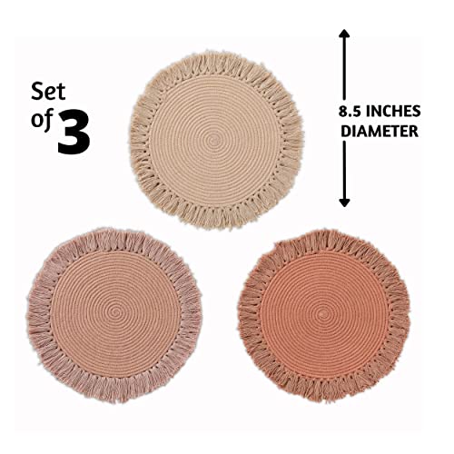 Folkulture Pot Holders for Kitchen, Hot Pads or Trivets for Hot Dishes Pots and Pans, Stylish Mats for Wooden Table or Modern Farmhouse or Table Decor, Set of 3, 100% Cotton, 8.5-inch, Moana Brown