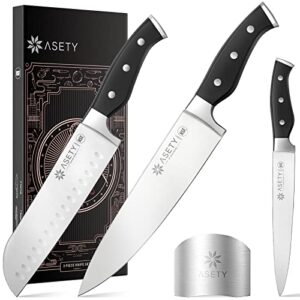 asety kitchen knife professional chef knife set 3 piece, ultra sharp german stainless steel knife and finger guard, ergonomic handle knives for kitchen nsf food-safe, gifts for women i men