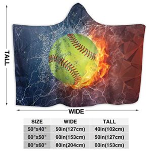 Softball On Fire and Water Hoodie Blanket Wearable Throw Blankets for Couch Blanket Hooded for Baby Kids Men Women