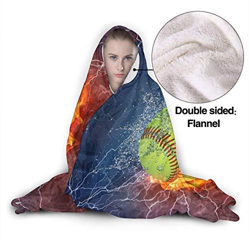 Softball On Fire and Water Hoodie Blanket Wearable Throw Blankets for Couch Blanket Hooded for Baby Kids Men Women