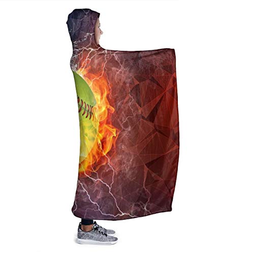 Softball On Fire and Water Hoodie Blanket Wearable Throw Blankets for Couch Blanket Hooded for Baby Kids Men Women