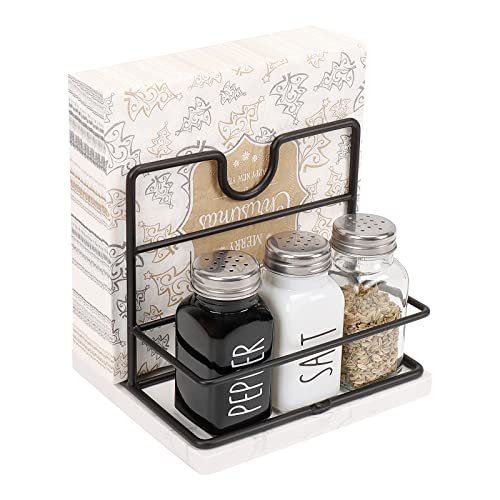 Livabber Napkin Holder with Marble Base, Metal Napkin Holder with Salt and Pepper Shakers Caddy Modern Napkin Dispenser with Spice Condiment Rack for Table Kitchen Countertop (Black)