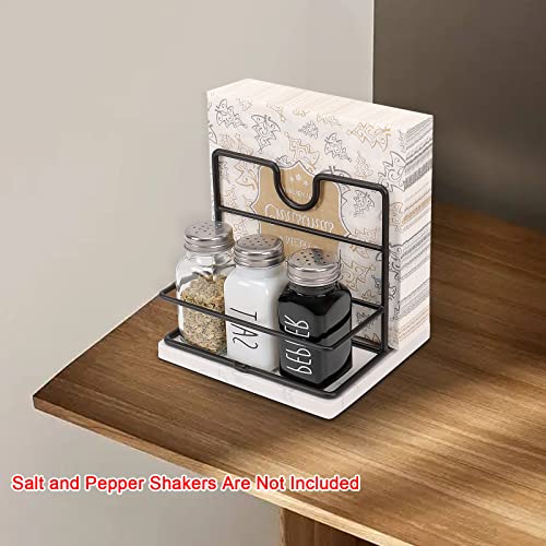 Livabber Napkin Holder with Marble Base, Metal Napkin Holder with Salt and Pepper Shakers Caddy Modern Napkin Dispenser with Spice Condiment Rack for Table Kitchen Countertop (Black)