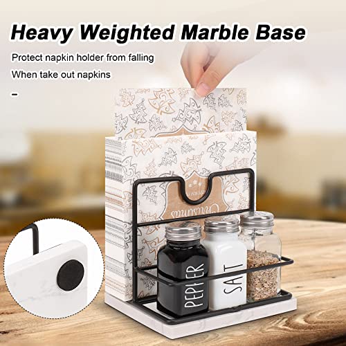 Livabber Napkin Holder with Marble Base, Metal Napkin Holder with Salt and Pepper Shakers Caddy Modern Napkin Dispenser with Spice Condiment Rack for Table Kitchen Countertop (Black)