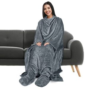 tirrinia wearable blanket with sleeves and foot pocket, wearable blanket adult with anti-slip snaps, oversized front pockets, cozy gifts for women men-gary