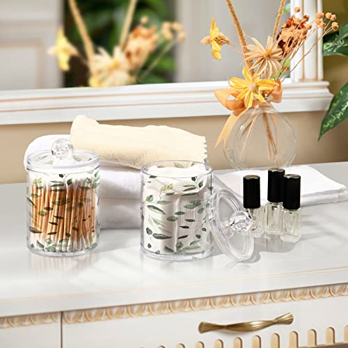 Kigai 2PCS Green Leaves Qtip Holder Dispenser with Lids - 14 oz Bathroom Storage Organizer Set, Clear Apothecary Jars Food Storage Containers, for Tea, Coffee, Cotton Ball, Floss