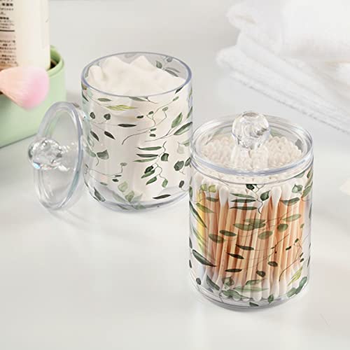 Kigai 2PCS Green Leaves Qtip Holder Dispenser with Lids - 14 oz Bathroom Storage Organizer Set, Clear Apothecary Jars Food Storage Containers, for Tea, Coffee, Cotton Ball, Floss