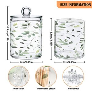 Kigai 2PCS Green Leaves Qtip Holder Dispenser with Lids - 14 oz Bathroom Storage Organizer Set, Clear Apothecary Jars Food Storage Containers, for Tea, Coffee, Cotton Ball, Floss