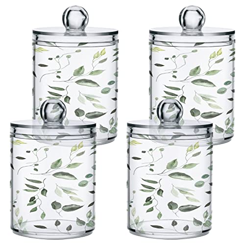 Kigai 2PCS Green Leaves Qtip Holder Dispenser with Lids - 14 oz Bathroom Storage Organizer Set, Clear Apothecary Jars Food Storage Containers, for Tea, Coffee, Cotton Ball, Floss