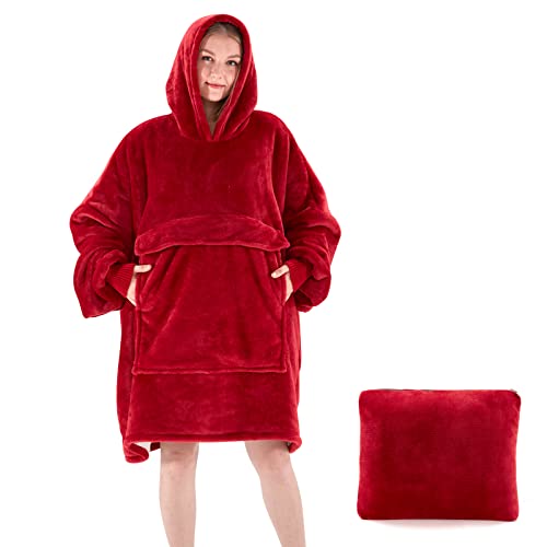 Touchat Wearable Blanket Hoodie, Oversized Sherpa Blanket Sweatshirt with Hood Pocket and Sleeves, Super Soft Warm Comfy Plush Hooded Blanket for Adult Women Men, One Size Fits All (Wine)