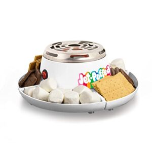 nostalgia jet-puffed indoor electric stainless steel s'mores maker with 4 compartment trays for graham crackers, chocolate, marshmallows and 2 roasting forks, white