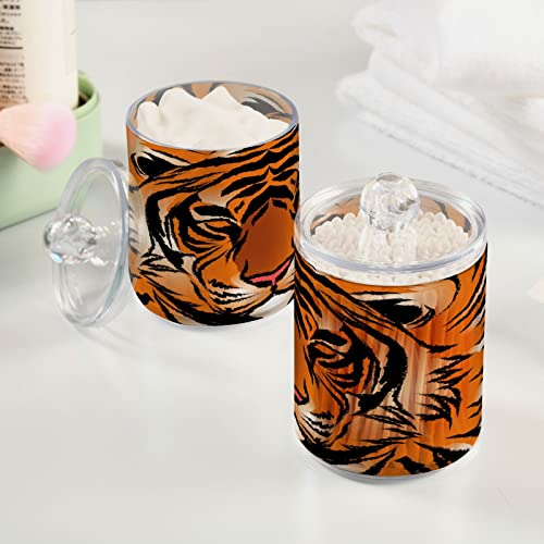 Kigai 2PCS Tiger Pattern Qtip Holder Dispenser with Lids - 14 oz Bathroom Storage Organizer Set, Clear Apothecary Jars Food Storage Containers, for Tea, Coffee, Cotton Ball, Floss