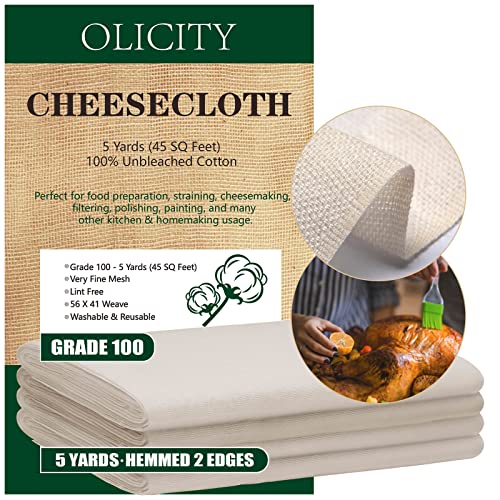 Olicity Cheesecloth, Grade 100, 45 Sq Feet, Reusable Cheese Cloth Ultra Fine Cheese Cloths for Straining, Unbleached Butter Muslin Cloth for Cooking, Cold Brew Coffee, Halloween Decorations - 5 Yards