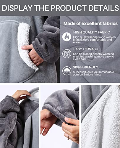 Blanket Hoodie Oversize Huge Hooded Blanket Sweatshirt with Deep Pockets and Elastic Sleeves, Women's Men's Fleece Lamb Fleece Soft Warm Comfortable Blanket Jacket Sweater Gift Adult Youth One Size