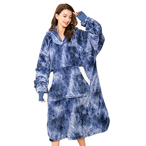 Drewin Wearable Blanket Sweatshirt for Women Men, Oversize Sherpa Fleece Blanket Hoodie with Huge Pocket & Elastic Sleeves, Fuzzy Warm Flannel Hooded Blanket for Adult Winter Gift, Blue&White