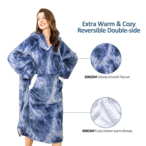 Drewin Wearable Blanket Sweatshirt for Women Men, Oversize Sherpa Fleece Blanket Hoodie with Huge Pocket & Elastic Sleeves, Fuzzy Warm Flannel Hooded Blanket for Adult Winter Gift, Blue&White