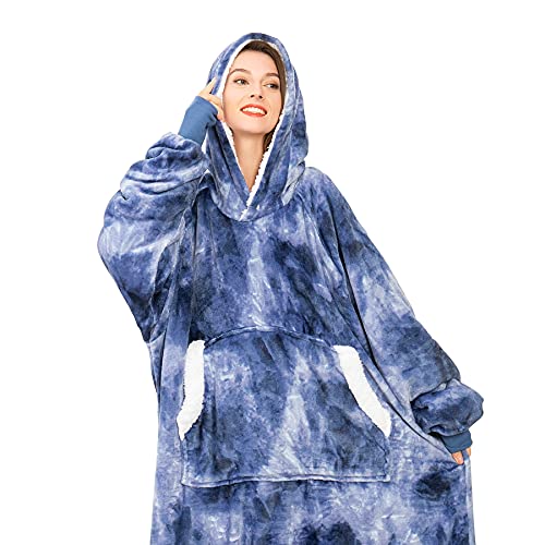 Drewin Wearable Blanket Sweatshirt for Women Men, Oversize Sherpa Fleece Blanket Hoodie with Huge Pocket & Elastic Sleeves, Fuzzy Warm Flannel Hooded Blanket for Adult Winter Gift, Blue&White