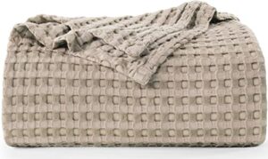 utopia bedding cotton waffle blanket 300 gsm (khaki - 90x90 inches) soft lightweight breathable bed blanket queen size layering any bed for all season