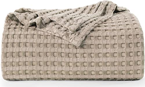 Utopia Bedding Cotton Waffle Blanket 300 GSM (Khaki - 90x90 Inches) Soft Lightweight Breathable Bed Blanket Queen Size Layering Any Bed for All Season