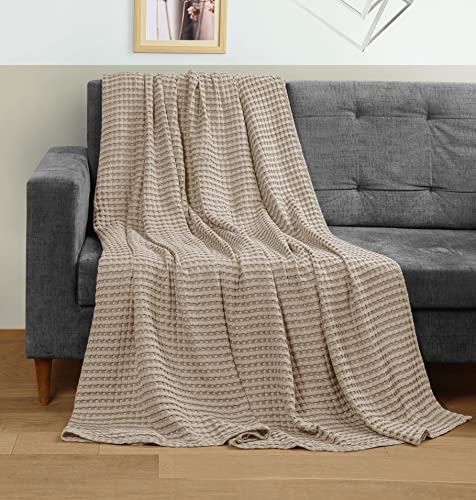 Utopia Bedding Cotton Waffle Blanket 300 GSM (Khaki - 90x90 Inches) Soft Lightweight Breathable Bed Blanket Queen Size Layering Any Bed for All Season