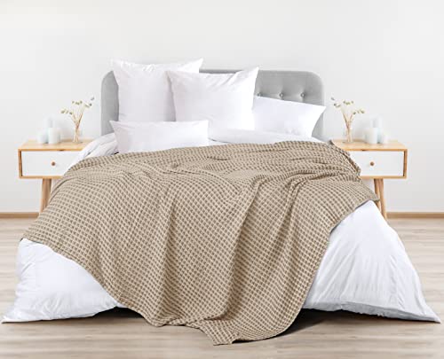 Utopia Bedding Cotton Waffle Blanket 300 GSM (Khaki - 90x90 Inches) Soft Lightweight Breathable Bed Blanket Queen Size Layering Any Bed for All Season