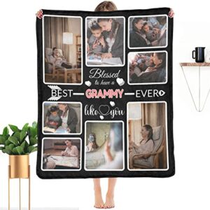 HEINARE Custom Blanket Gifts for Grammy, Customized Blankets with Photos, Make a Personalized Bed Throws to My Grammy, Custom Souvenir Throw Blanket for Best Grammy Ever, 8 Collages Made in USA