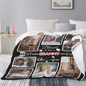 HEINARE Custom Blanket Gifts for Grammy, Customized Blankets with Photos, Make a Personalized Bed Throws to My Grammy, Custom Souvenir Throw Blanket for Best Grammy Ever, 8 Collages Made in USA
