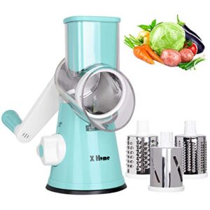 x home rotary cheese grater kitchen mandoline vegetables slicer cheese shredder with rubber suction base, 3 stainless drum blades included, easy to use and clean,blue