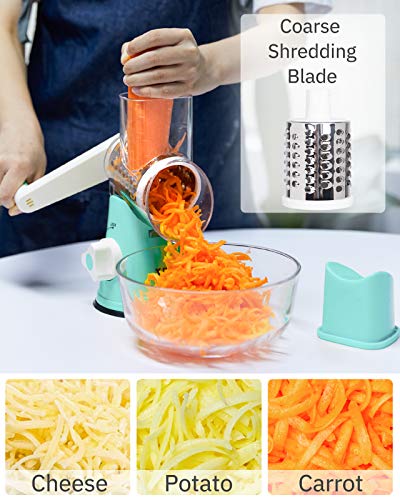 X Home Rotary Cheese Grater Kitchen Mandoline Vegetables Slicer Cheese Shredder with Rubber Suction Base, 3 Stainless Drum Blades Included, Easy to Use and Clean,Blue