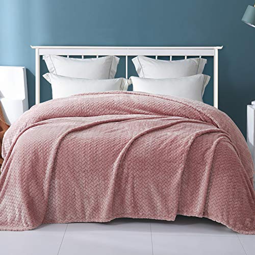 Exclusivo Mezcla King Size Flannel Fleece Blanket, 90x104 Inches Soft Jacquard Weave Leaves Pattern Velvet Plush Blanket for Bed, Cozy, Warm, Lightweight and Decorative Dusty Pink Blanket