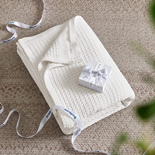 Bedsure 100% Cotton Blankets Twin XL Size for Bed - 405GSM Waffle Weave Blankets for Summer, Cozy and Warm, White Soft Lightweight Woven Blankets for All Seasons, 66x90 inches
