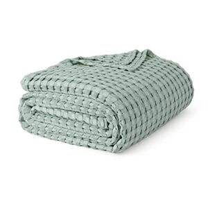 bedsure cooling bamboo waffle queen size blanket - soft, lightweight and breathable full blankets for hot sleepers, luxury cotton throws for bed, couch and sofa, sage green 90x90inches