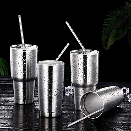 Set of 4 Reusable Metal Straws, Long Stainless Steel Straw with Cleaning Brushes and Case, Drinking for 30 oz and 20 oz Tumblers.