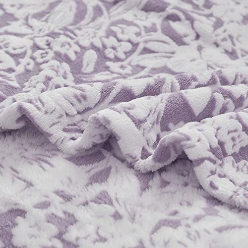 FY FIBER HOUSE Flannel Fleece Throw Blanket Super Soft Lightweight Microfiber with Flower Print for Couch, 50"X60", Lavender