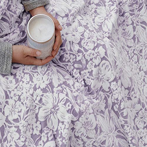 FY FIBER HOUSE Flannel Fleece Throw Blanket Super Soft Lightweight Microfiber with Flower Print for Couch, 50"X60", Lavender