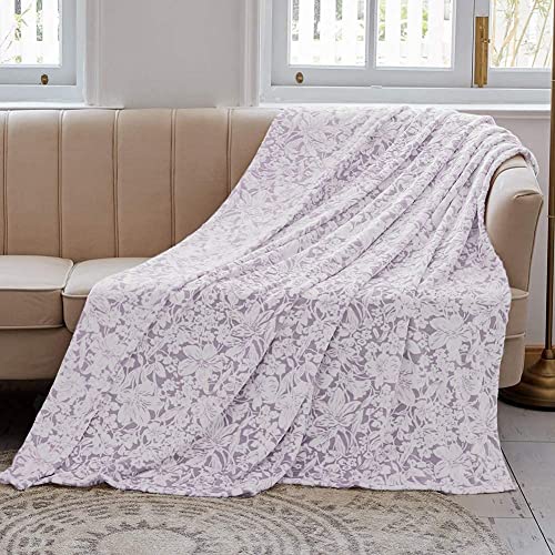 FY FIBER HOUSE Flannel Fleece Throw Blanket Super Soft Lightweight Microfiber with Flower Print for Couch, 50"X60", Lavender