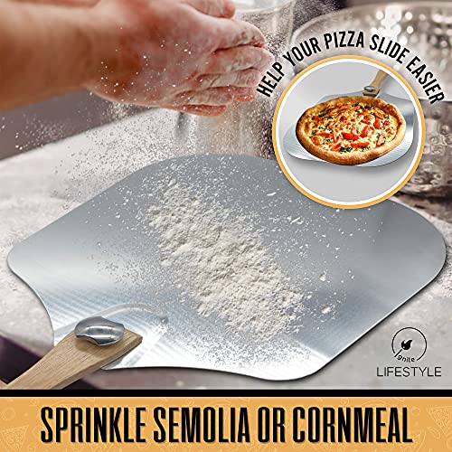 Ignite Lifestyle Pizza Peel Set - Pizza Spatula 12"x14" + Pizza Rocker Cutter + Pastry Brush - Aluminum Metal Pizza Peel 12 Inch w/Foldable Wood Handle for Easy Storage-Homemade for Pizza/Baking/Bread